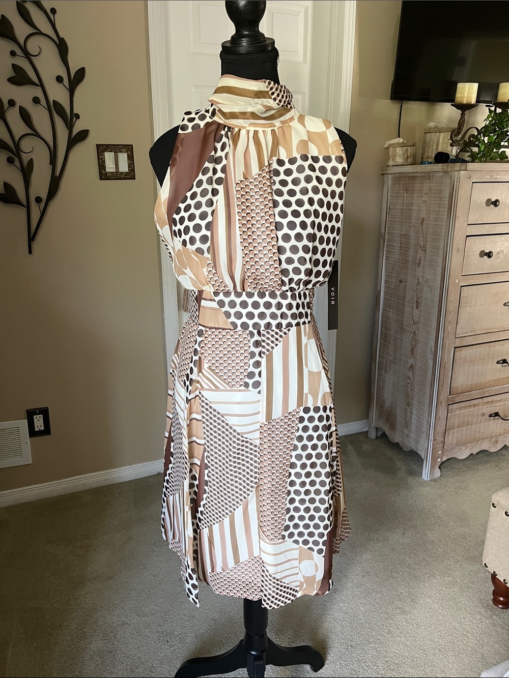 Voir Voir Sleeveless Midi Dress in Brown & Cream Mixed Print, NWT